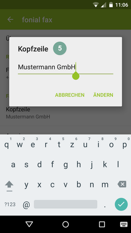 Einstellungen Kopfzeile E-Fax-App fonial