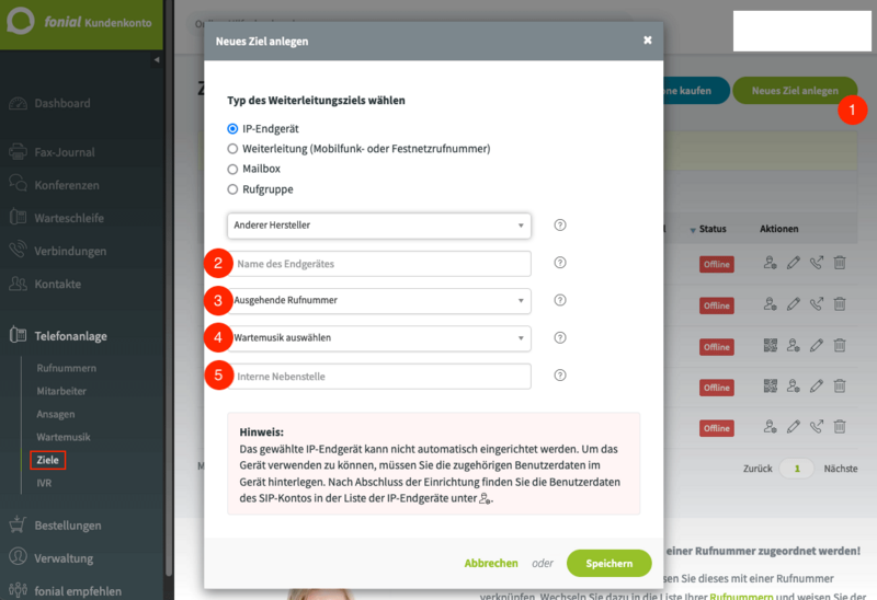 Telefonie Ziel anlegen