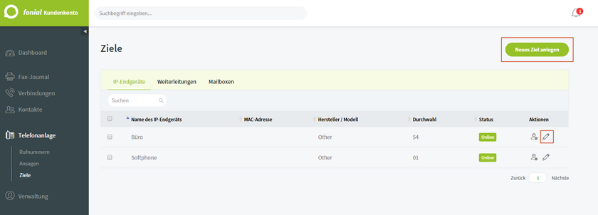 Ziele neu anlegen oder bearbeiten in der Telefonanlage