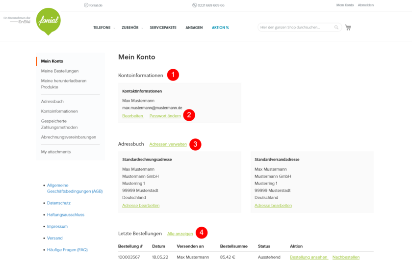 fonial Shop Benutzerkonto Übersicht