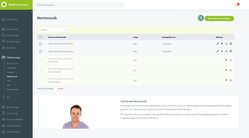 Ansicht fonial Kundenkonto Wartemusik anlegen Schritt 1
