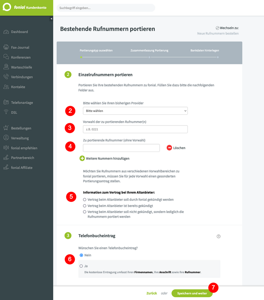 Rufnummern portieren Schritt 2-7