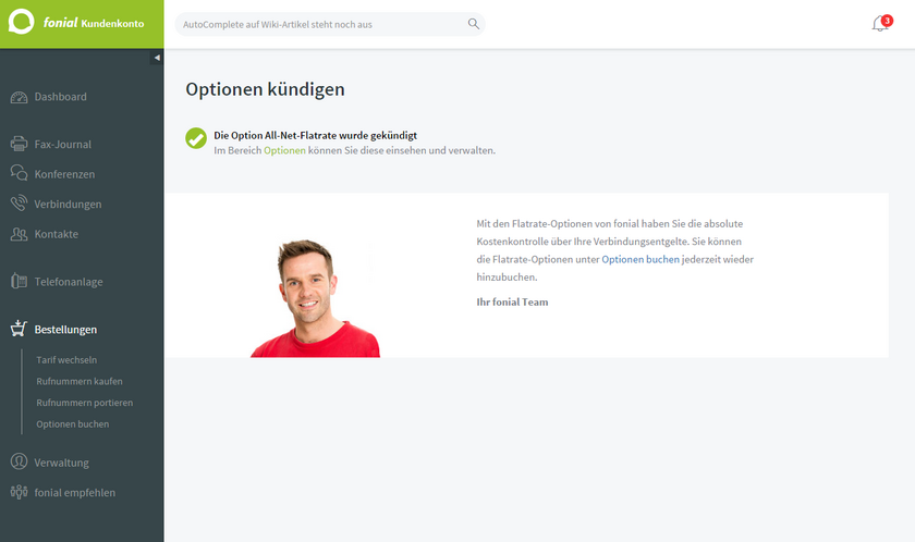 fonial Kundenkonto Optionen Kündigungsbestätigung