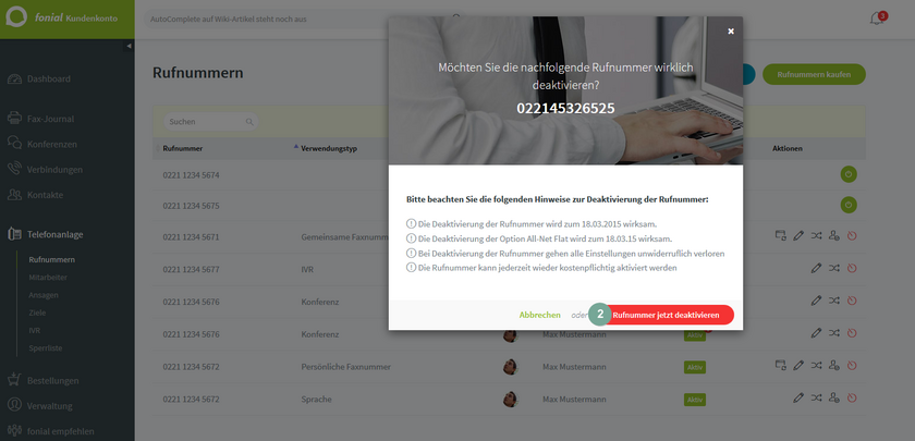 fonial Kundenkonto Rufnummern deaktivieren Schritt 2