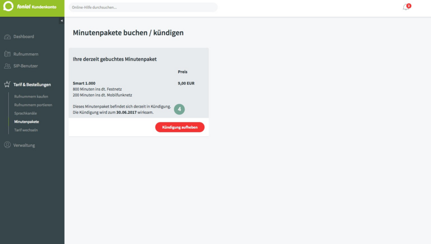 Kündigungsstatus des Minutenpakets