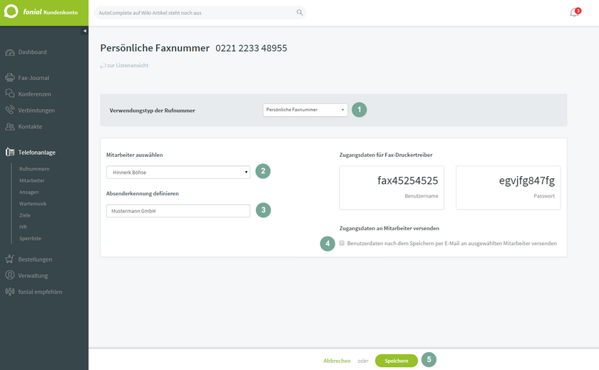 fonial Kundenkonto persönliche Faxnummern bearbeiten Schritt 2