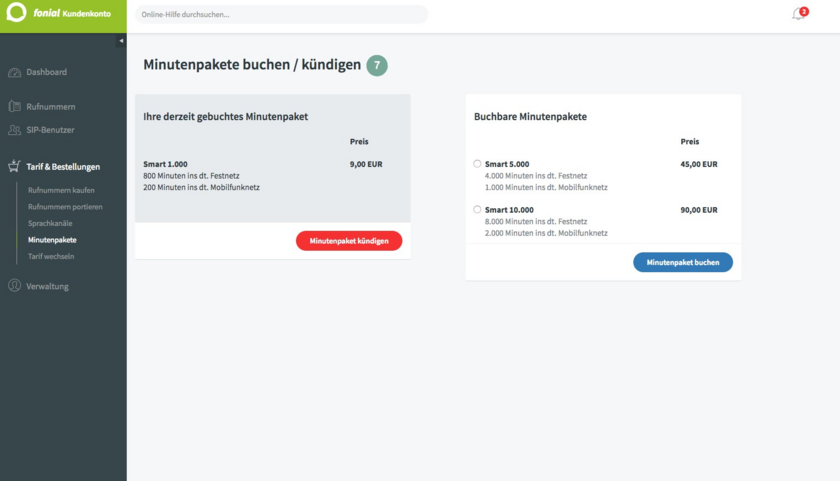 Status gebuchter Minutenpakete