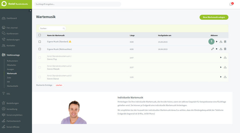Ansicht Kundenkonto Wartemusik anhören