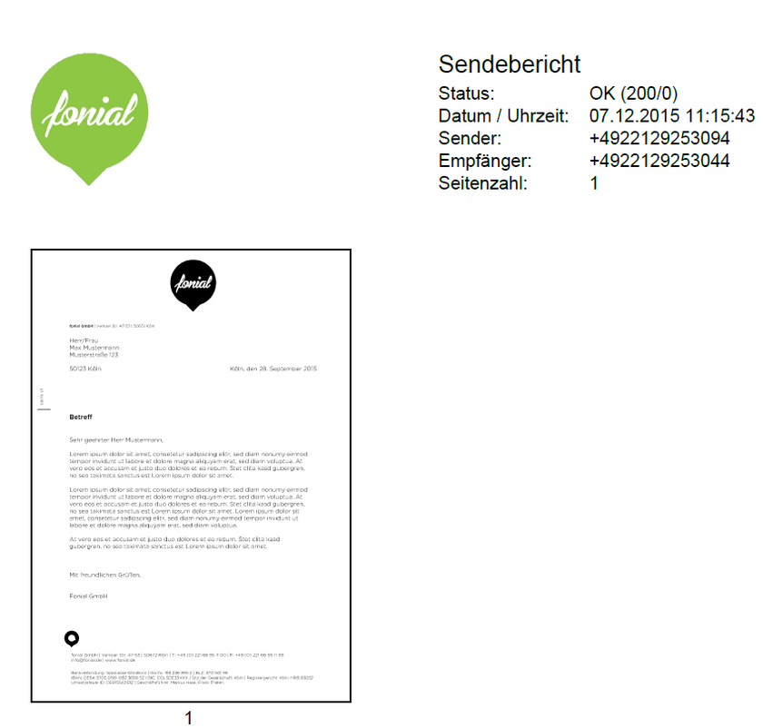 Sendebericht fonial E-fax-App