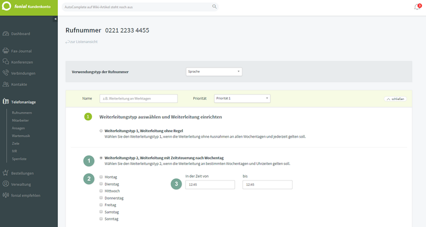 Weiterleitungstyp 2: Weiterleitung mit Zeitsteuerung nach Wochentag 