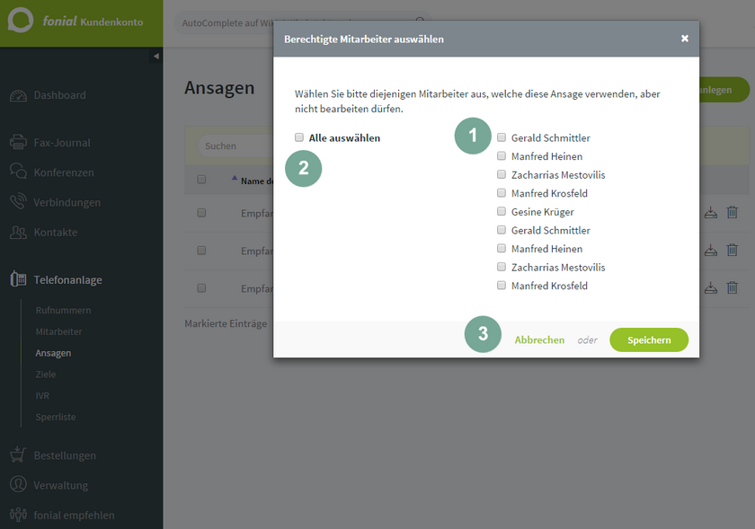 Ansicht fonial Kundenkonto Berechtigte Mitarbeiter für Ansage wählen