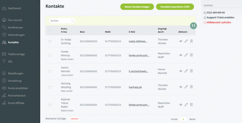 Übersicht der vorhandenen Kontakte