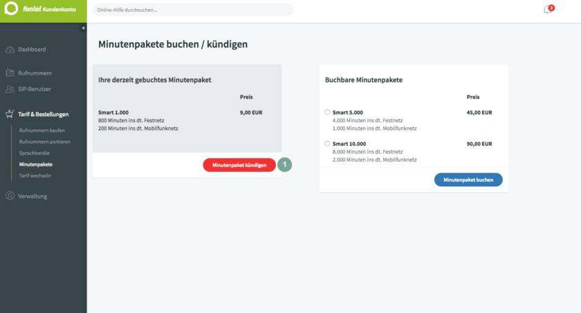 Minutenpaket kündigen