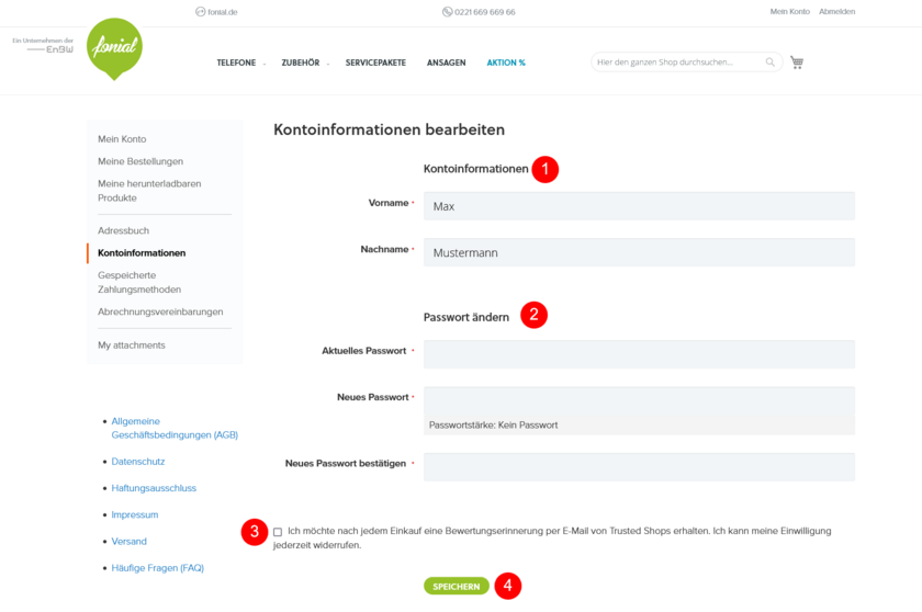 fonial Shop Benutzerkonto Informationen bearbeiten