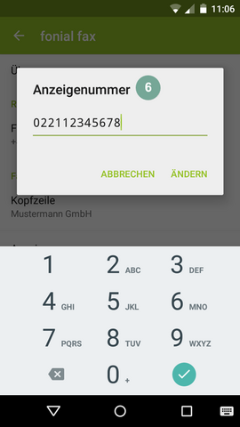 Einstellungen Anzeigenummer E-Fax-App fonial