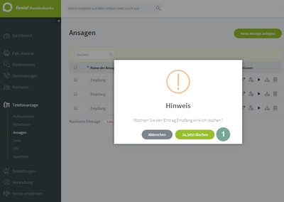 fonial Kundenkonto Ansage löschen Schritt 1