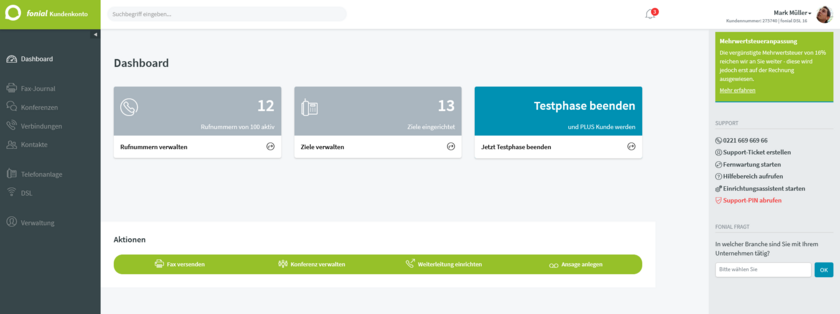 fonial Mitarbeiter-Konto Dashboardelemente