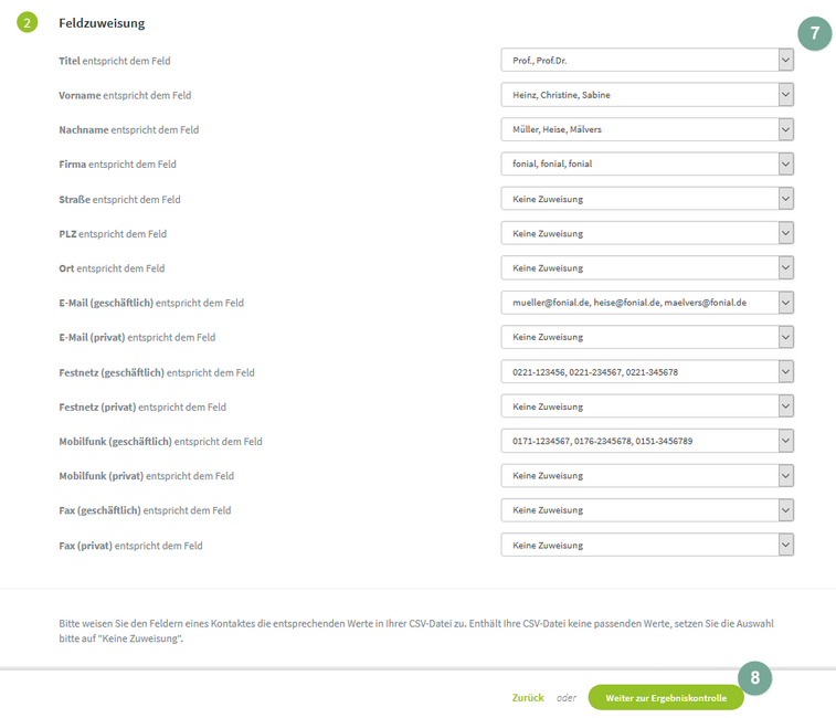 Kontaktimport per CSV: Feldzuweisung