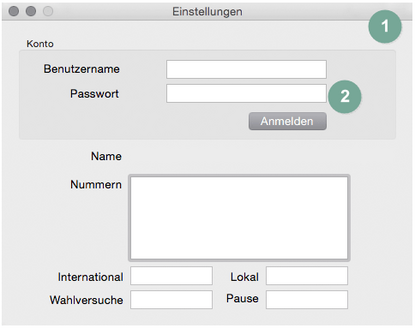 Anmeldedialog fonial Faxdruckertreiber für Mac