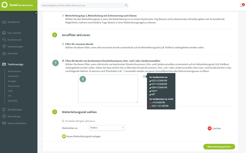 fonial Kundenkonto Individuelle Anruffilter