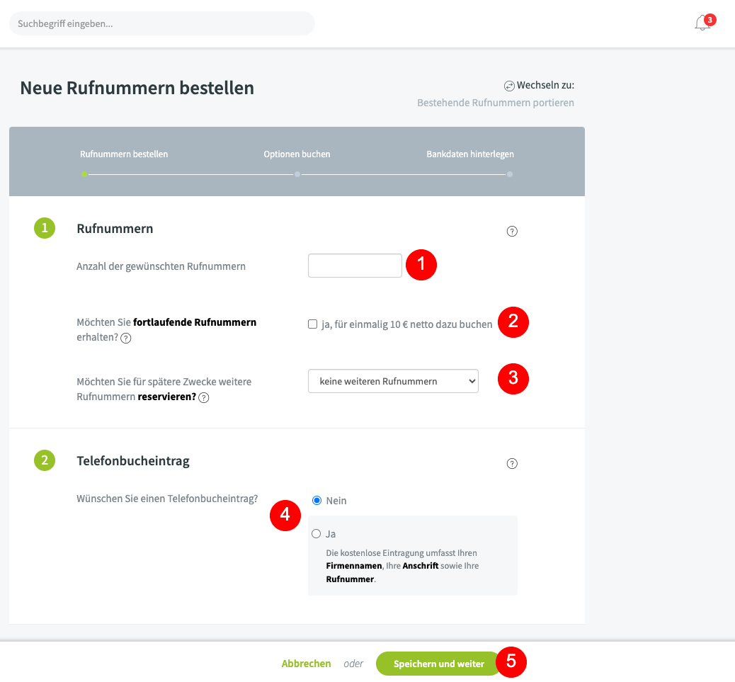 Bestellprozess Rufnummern für Gewerbekunden