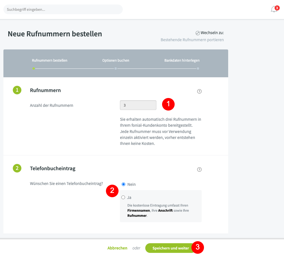 Bestellprozess Rufnummern Privatkunden