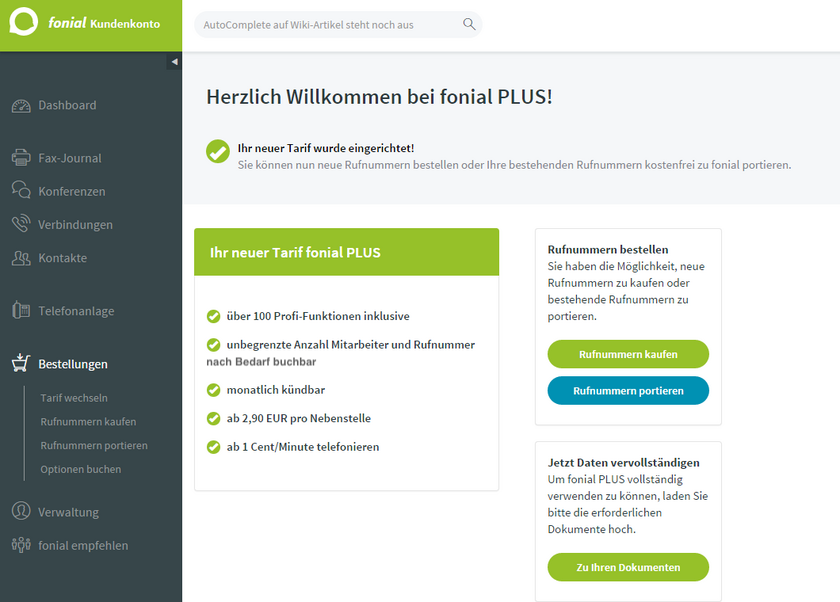 fonial Kundenkonto Tarifwechsel Bestätigung