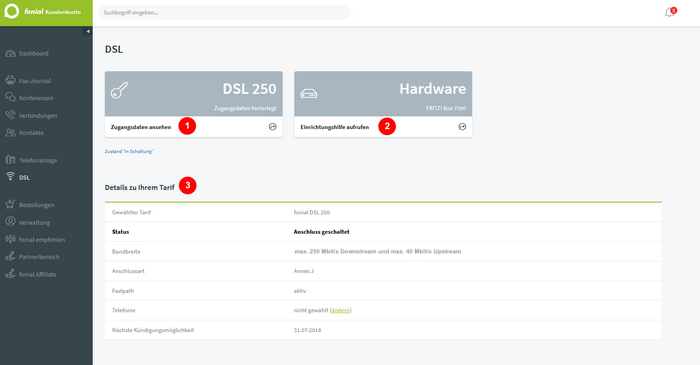 DSL im Kundenkonto verwalten