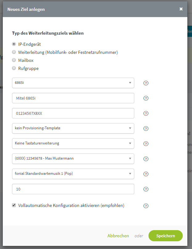Mitel 6865i: Ziel anlegen