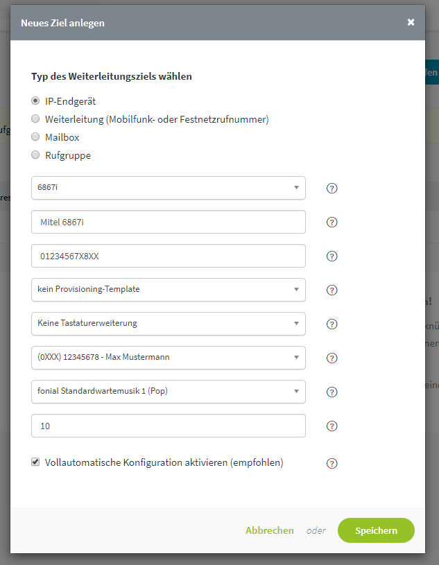 Mitel 6867i: Ziel anlegen