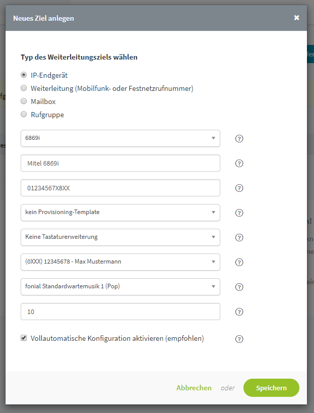 Mitel 6869i: Ziel anlegen