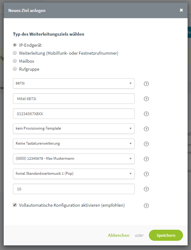 Mitel 6873i: Ziel anlegen