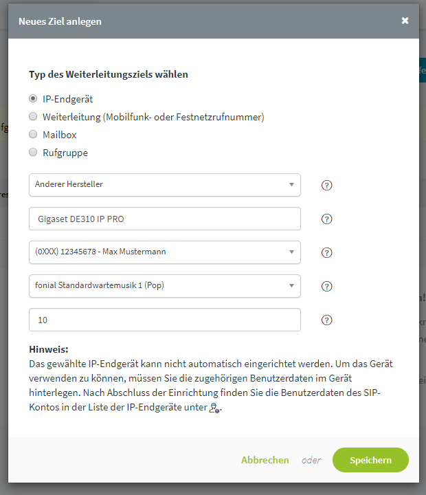 Gigaset DE310 IP PRO: Ziel anlegen