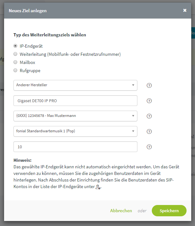 Gigaset DE700 IP PRO: Ziel anlegen