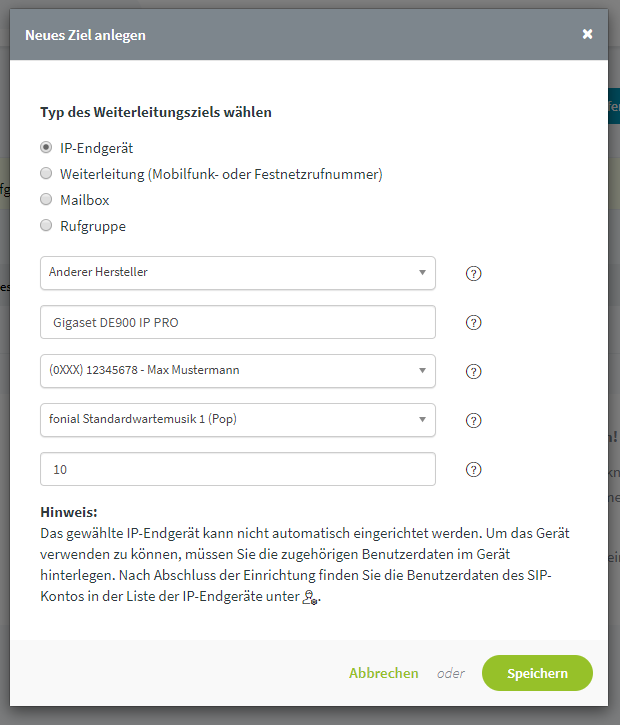 Gigaset DE900 IP PRO: Ziel anlegen