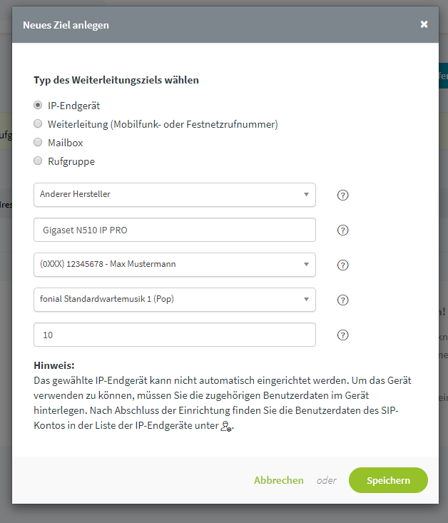 Gigaset N510 IP PRO: Ziel anlegen