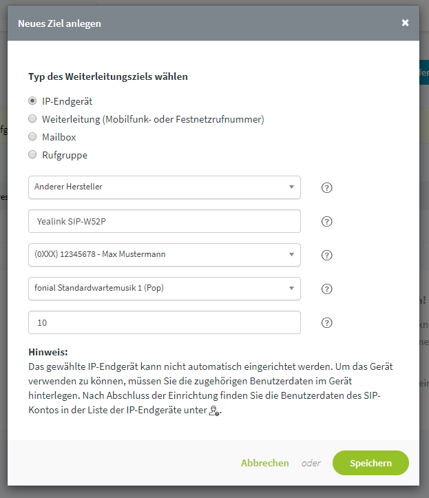 Yealink SIP-W52P: Ziel anlegen