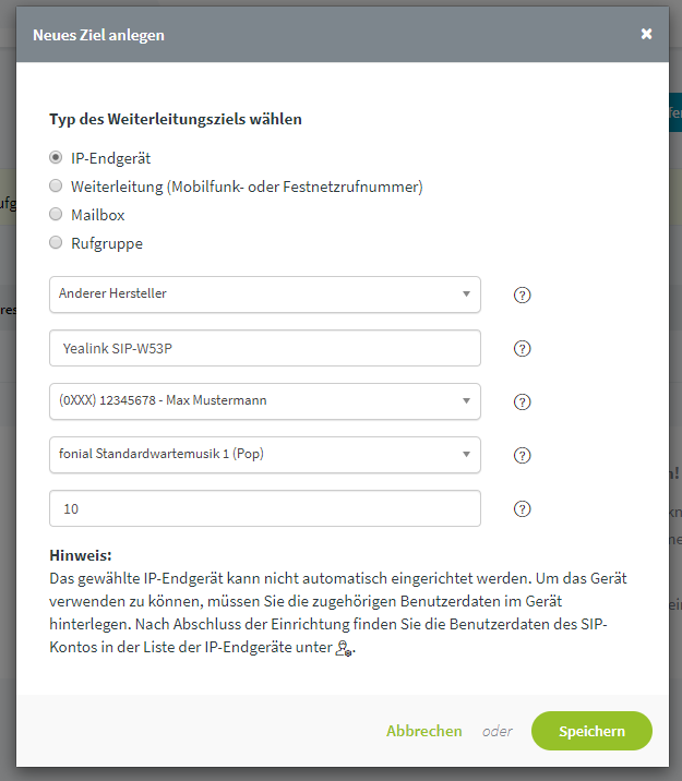 Yealink SIP-W53P: Ziel anlegen