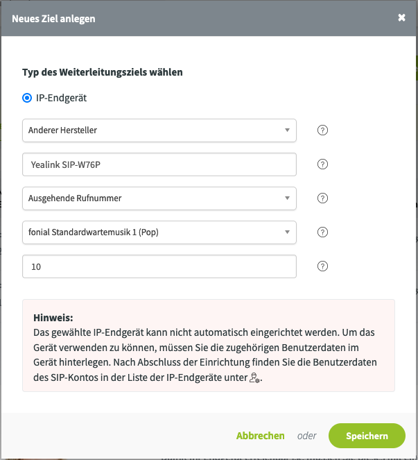 Yealink SIP-W76P: Ziel anlegen