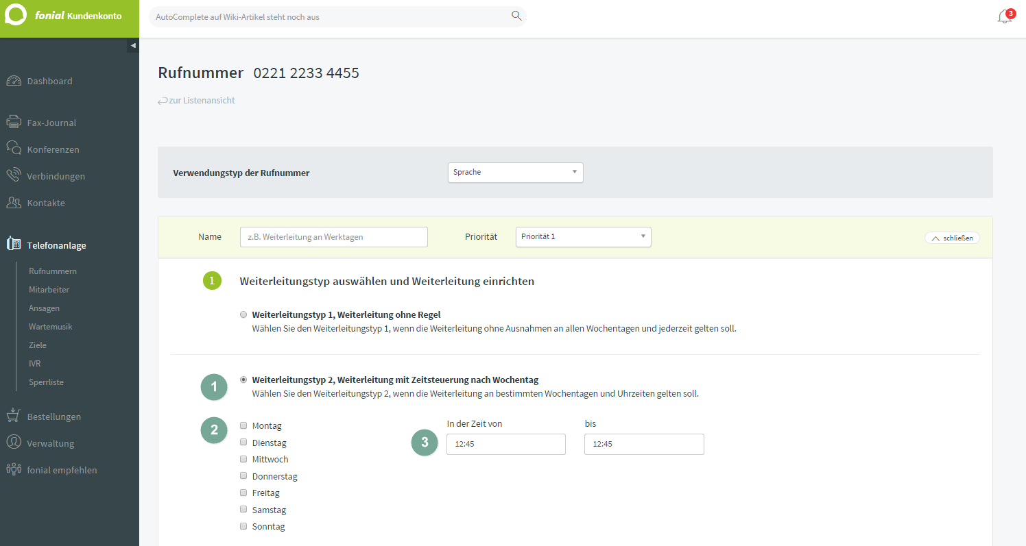 Weiterleitungstyp 2: Weiterleitung mit Zeitsteuerung nach Wochentag 
