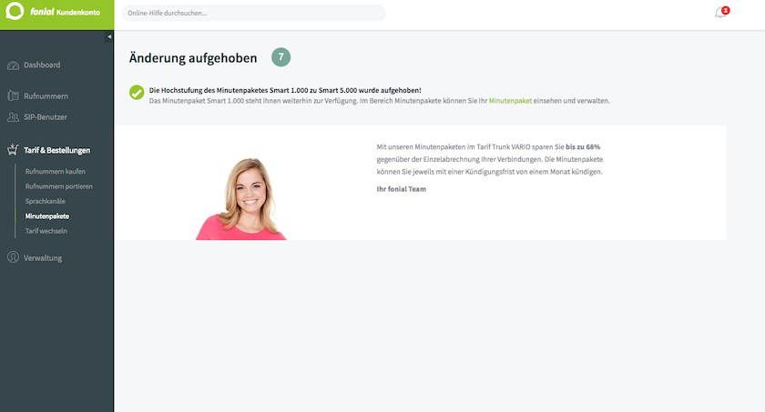 Bestätigung Stornierung Minutenpaket-Upgrade