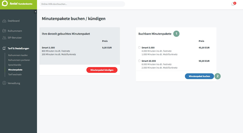 Status des gebuchten Minutenpakets