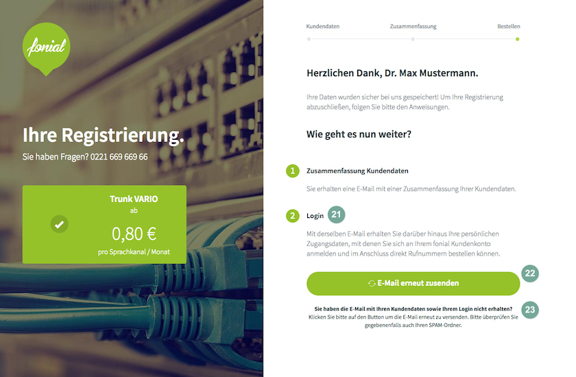 Übersichtsseite Registrierung fonial